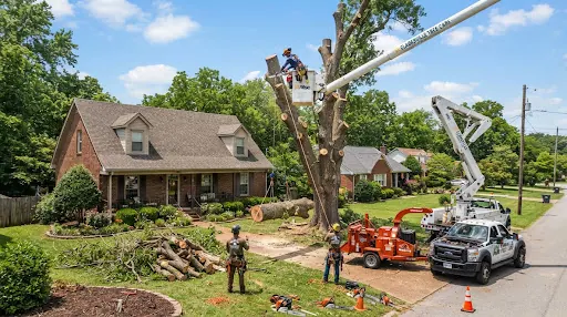 Tree removal planning image with aerial equipment and ground support
