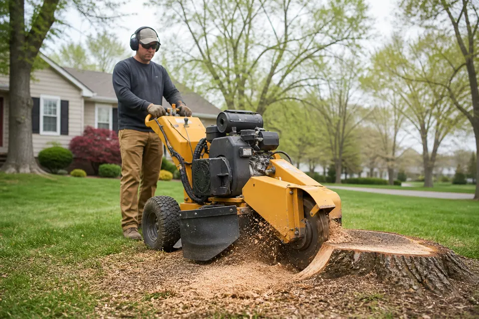Operator grinding a tree stump in a residential yard
